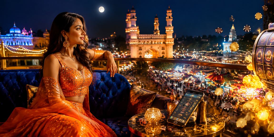 Charminar with blue gold casino lighting in Hyderabad